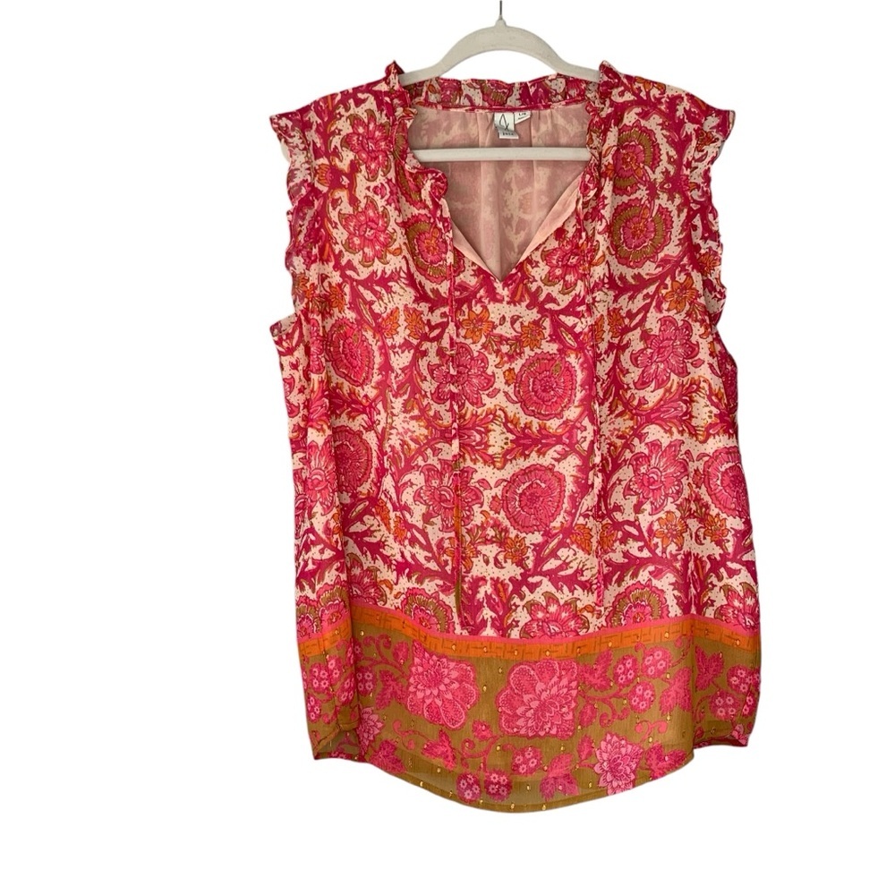 Joie pink and orange floral paisley blouse with sleeveless ruffle trim. Size L